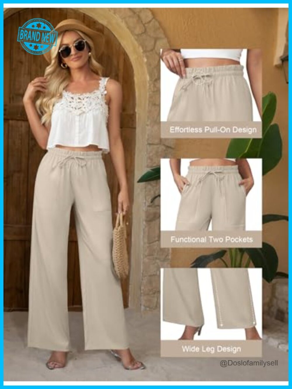 High Waisted Linen Wide Leg Palazzo Pants with Pockets - Picture 4 of 7